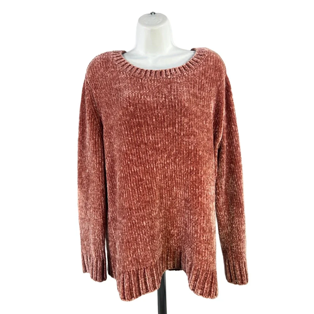 Orvis Women's Pink Ribbed Chenille Long Sleeve Crewneck Sweater - L